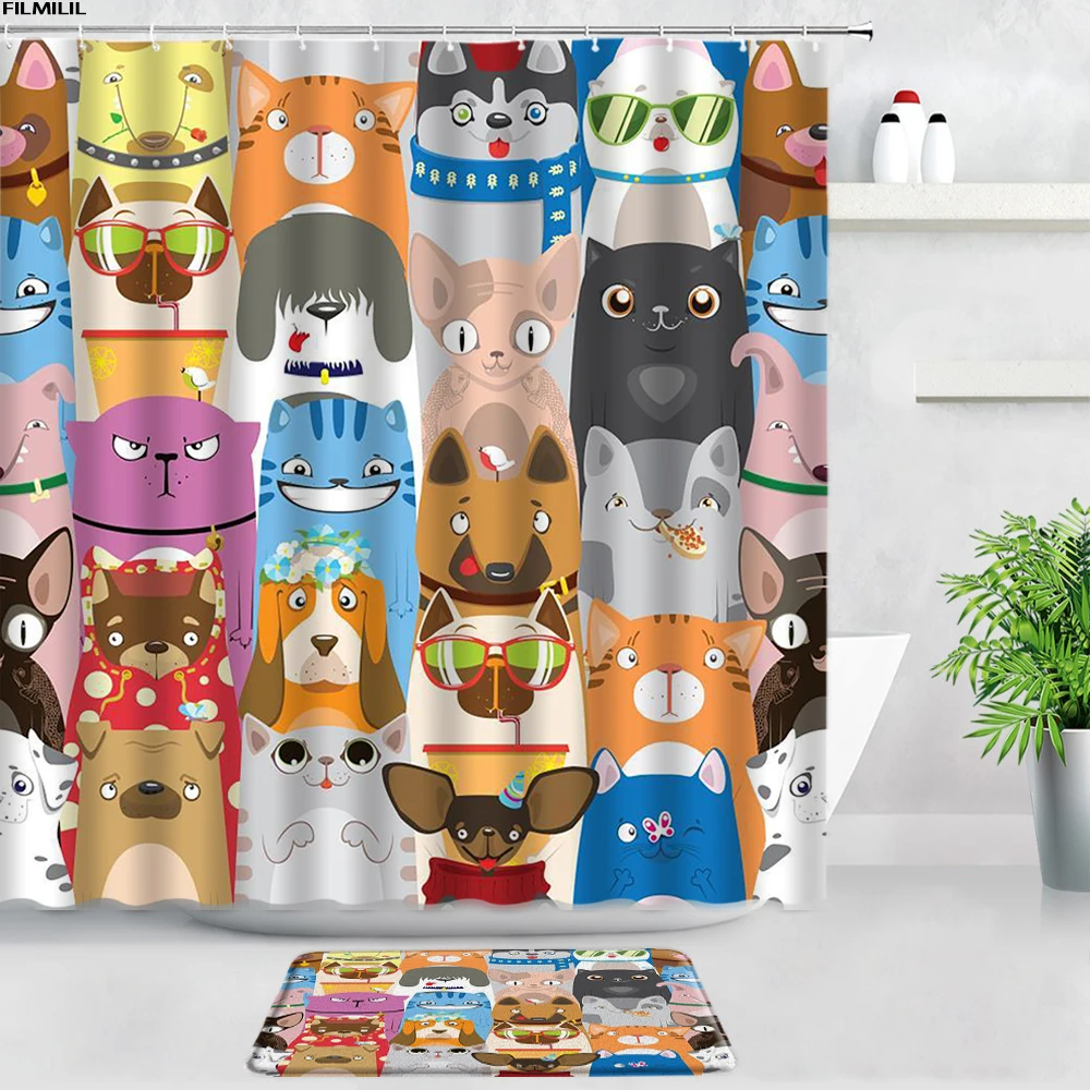 

Cartoon Cute Elephant Children Shower Curtain Bath Mats Bathroom Set Watercolor Animal Blue Flowers Kids Home Door Pad Rug Decor