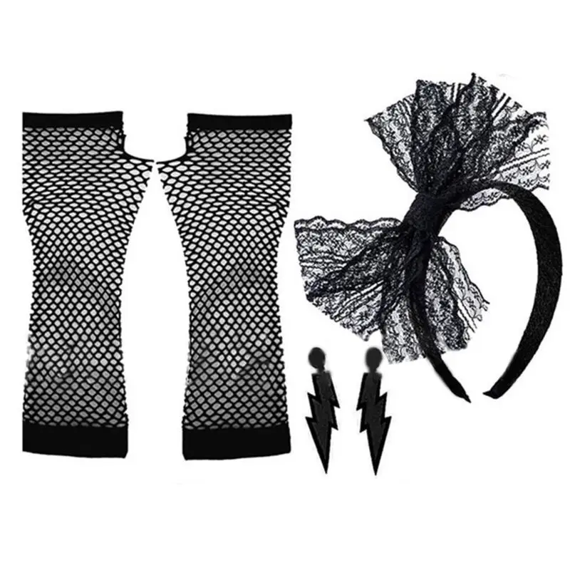 

Women 80s Fancy Dress Accessories Retro Party Costume Set Adult Tutu Skirt Neon Fishnet Gloves Beaded Necklace Bracelet Earrings
