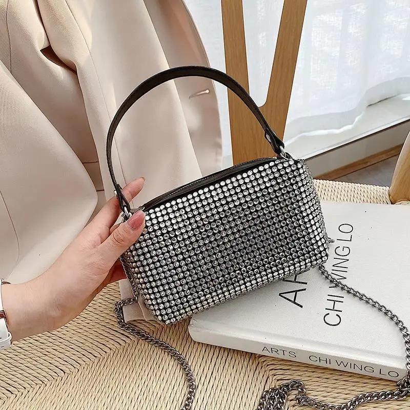 

Crystal Rhinestone Sparkling Crossbody Bags Bling Purse Mini Top Handle Handbag for Women Chain Mesh Clutch for Party