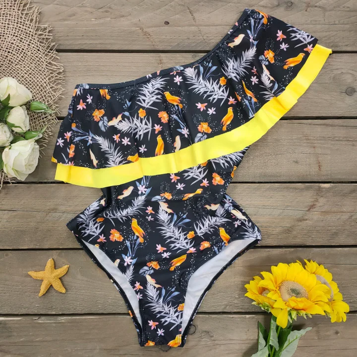 

2021 one shoulder lotus leaf edge one piece swimsuit women's sexy high waist swimwear print