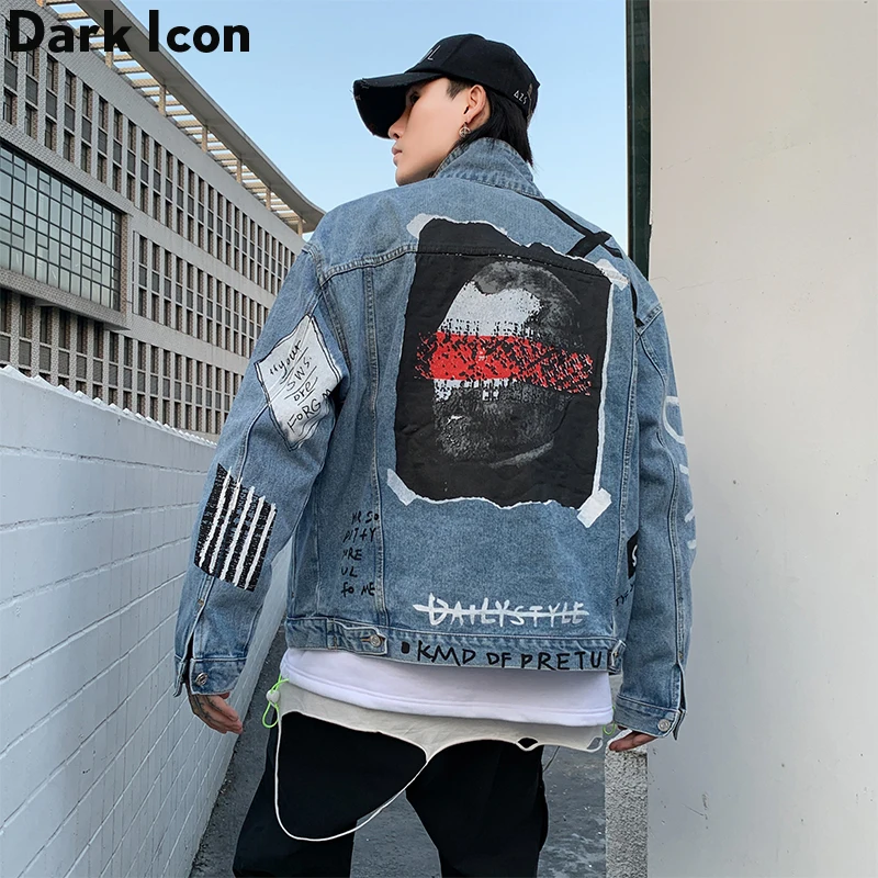 Мужская джинсовая куртка Dark Icon синяя из денима в стиле хип хоп уличная одежда