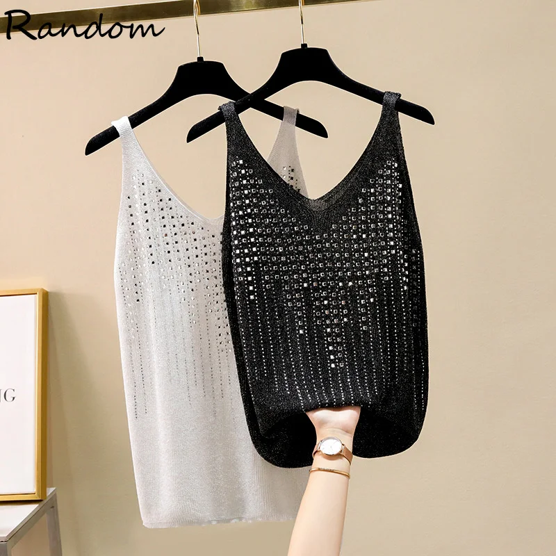 

Размера плюс с блестками и с бахромой, со стразами, топы на бретелях сексуальный v-образный вырез жилет женский вязаный 2021 новые летние женск...