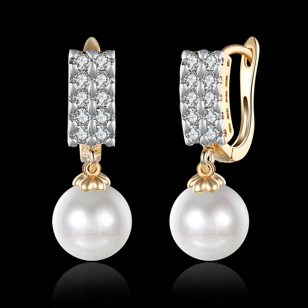 

ZEMIOR Imitation Pearls Drop Earrings For Women Double Row Cubic Zirconia Earring Anniversary Champagne Gold Fashion Jewelry