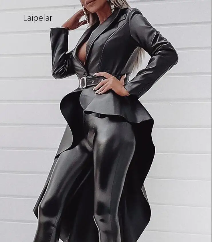 

Sexy PU Leather Black Asymmetrical Sexy Midi Dress Women Clubwear Long Sleeve V Neck Belt Club Dresses Woman Party Night