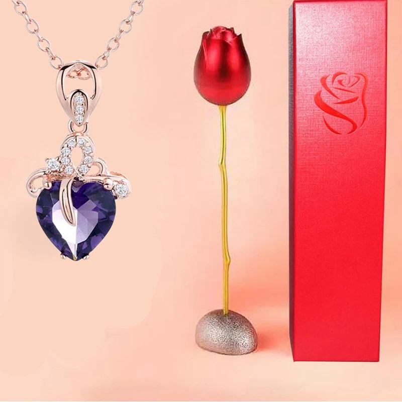 

Fashion Rose Flower Jewelry Packaging Cubic Zirconia Necklace For Women Trend Alloy High Quality Gifts Box Wedding Birthday Gift