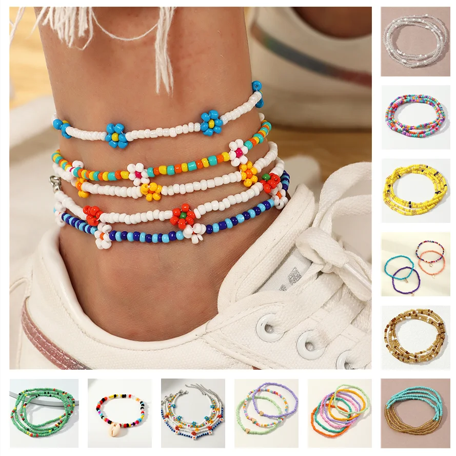 

Colorful Czech Glass Seed Beaded Anklet Bracelet Set Cute Star Moon Metal Pendant Handmade Beads Foot Bracelet For Woman Gift