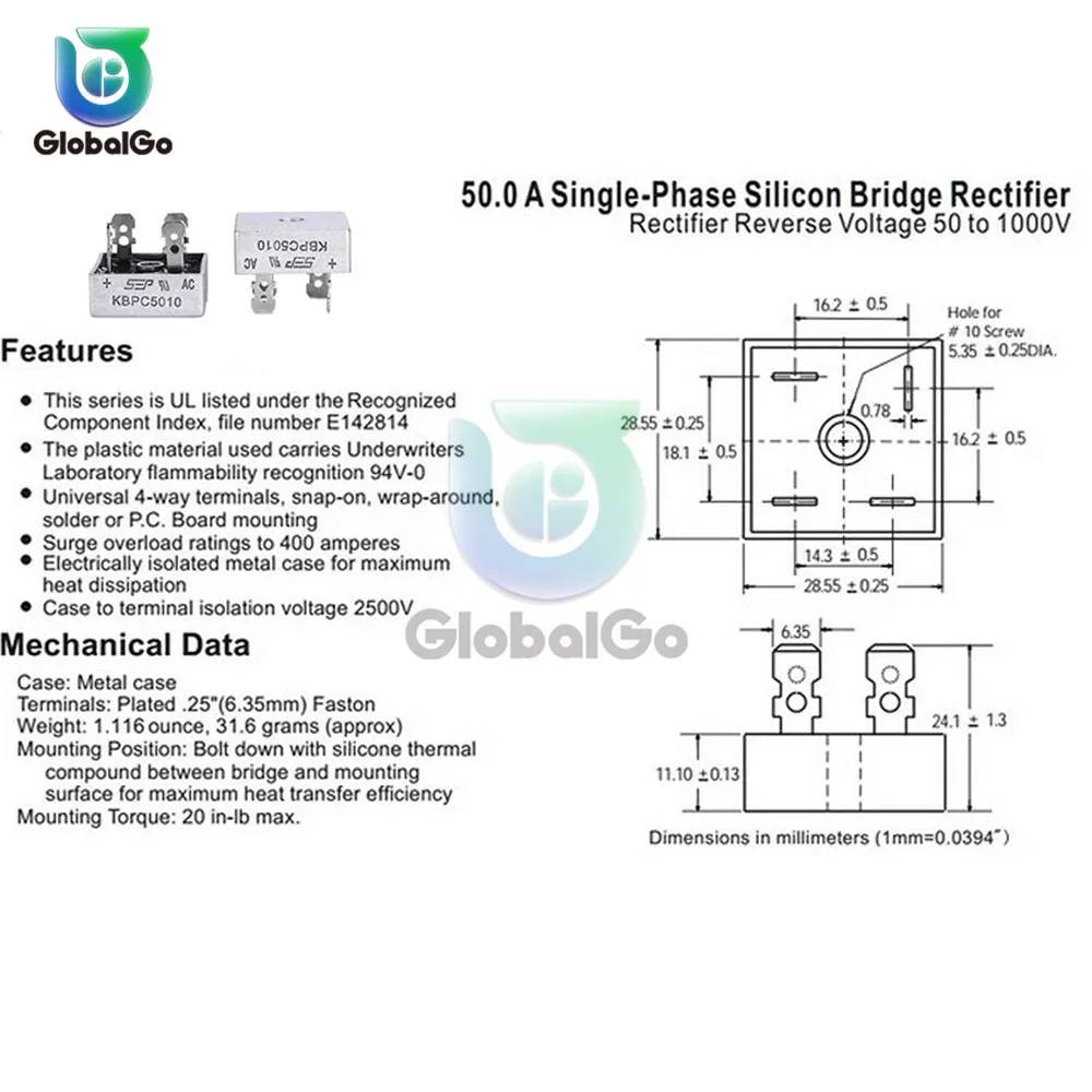 2 шт./лот KBPC5010 диодный мост выпрямительный диод 50 А 1000 В KBPC 5010 силовой электронные