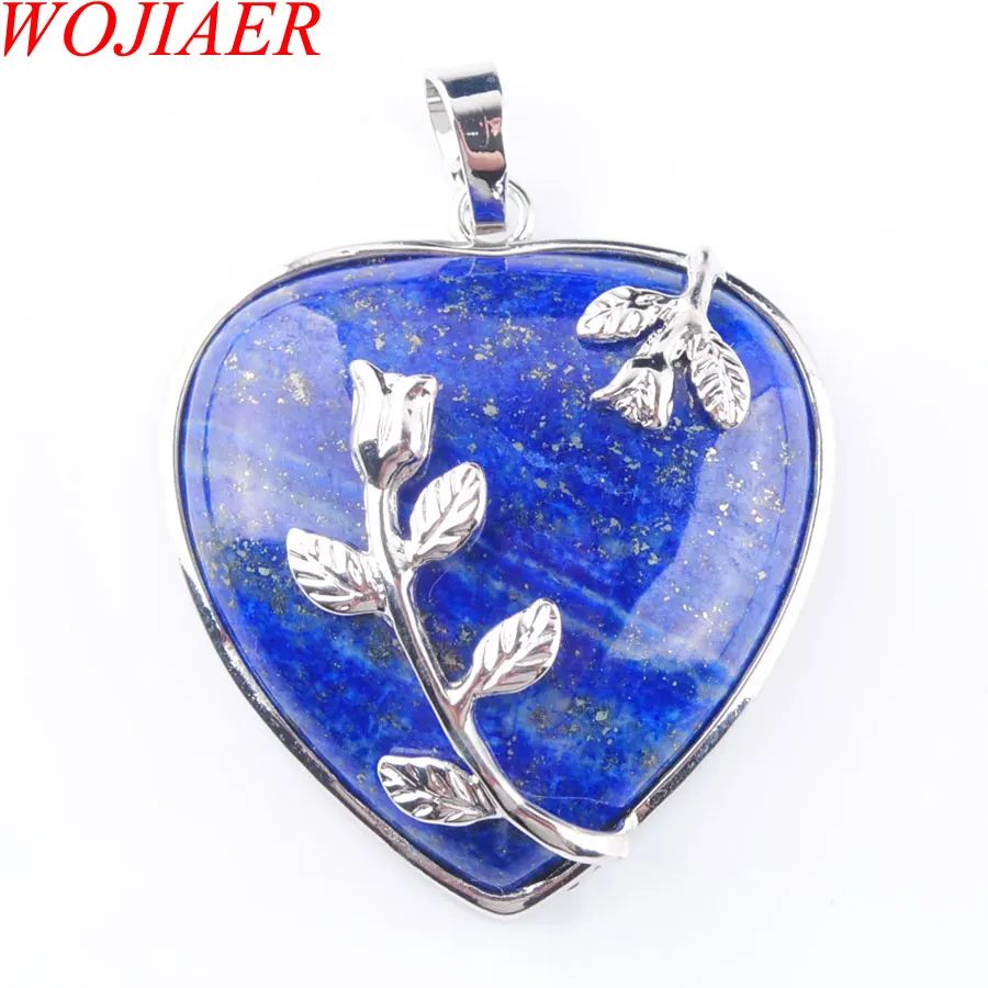 Lapis Lazuli Натуральные драгоценные камни, бусины, сердце, посеребренный цветок, целительная Рейки Чакра, ожерелья с подвесками, 1 шт., ювелирные изделия PBN316 - Окраска металла: Lapis Lazuli
