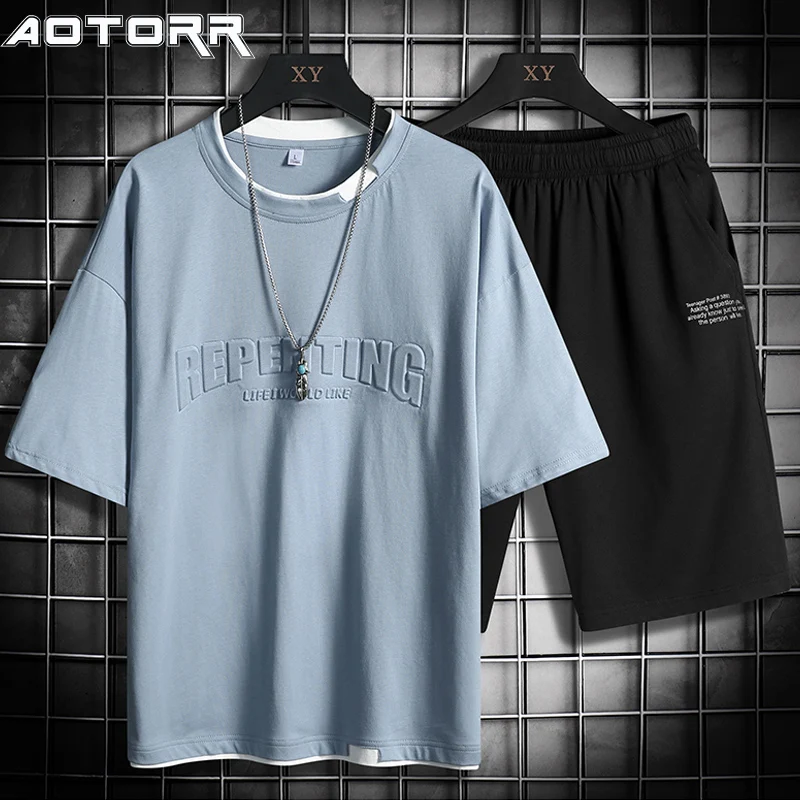 

Спортивный костюм мужской повседневный, Модный комплект из 2 предметов, футболка с коротким рукавом и шорты с надписью, в стиле пэчворк, лето...