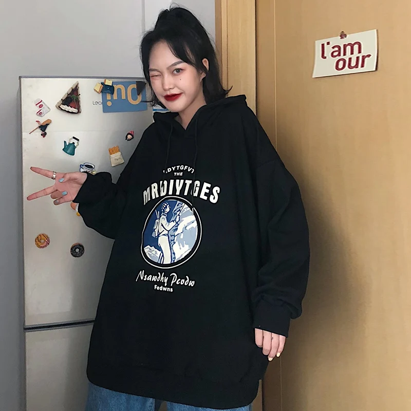 

With Hat Hoodies Thin Women Printed Oversize Autumn New Chic Leisure Loose Females Pullovers Hooded Sweatshirts Korean-style Ins