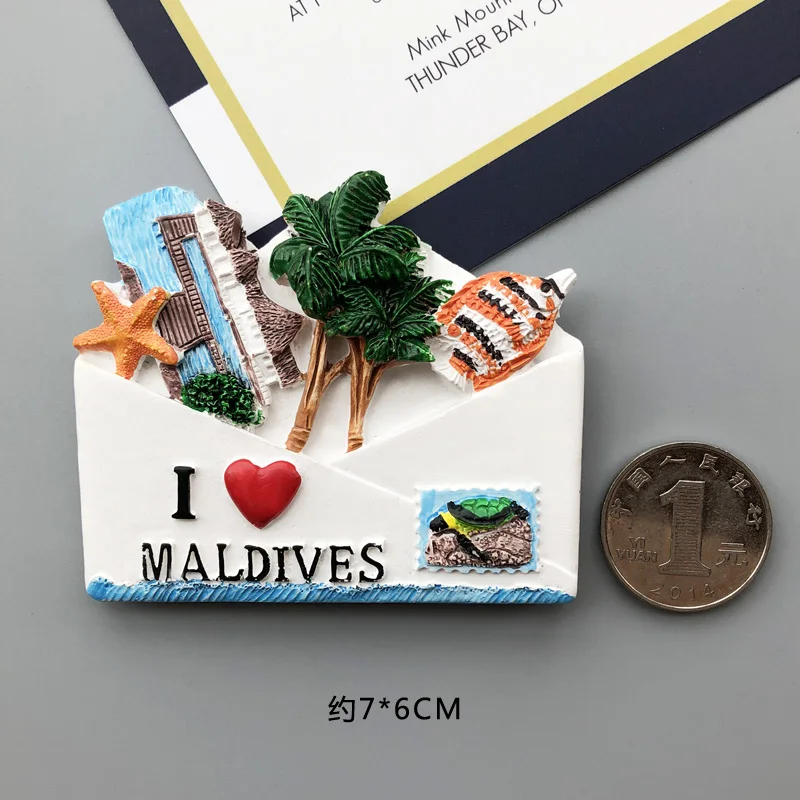 Мировые туристические пейзажи, наклейки на холодильник, Maldives, океан, пляж, тисненые рыбы, магнитные фото наклейки на холодильник
