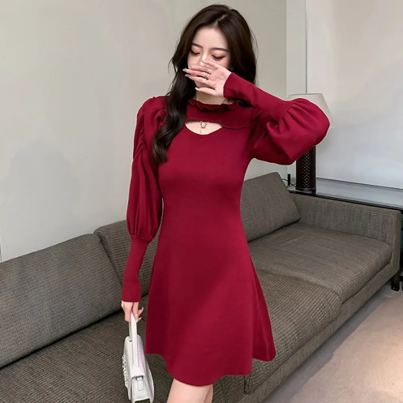 

Women Fashion Hollow Out Sweater Dress Elegant Stand Collar Ruched Lantern Sleeve Casual Mini Knitted Dress Autumn Winter