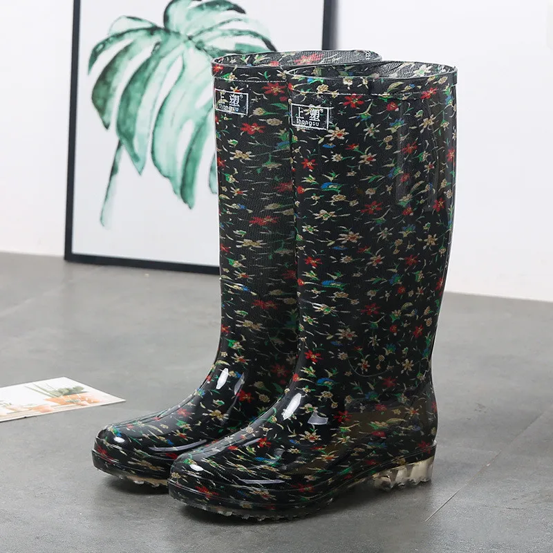 New Fashion Printing Knee-High Rain Boots Women Non-slip Waterproof Work Water Shoes Female Light Comfort PVC Rainboots