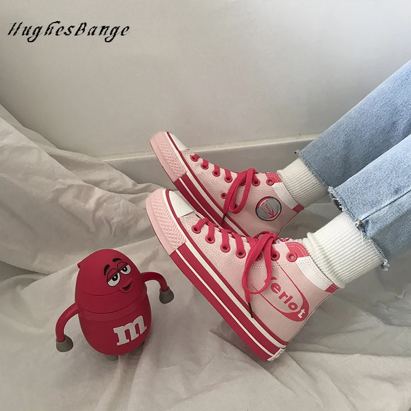 Женская парусиновая обувь с высоким берцем Цвет клубничный красный Новинка 2019