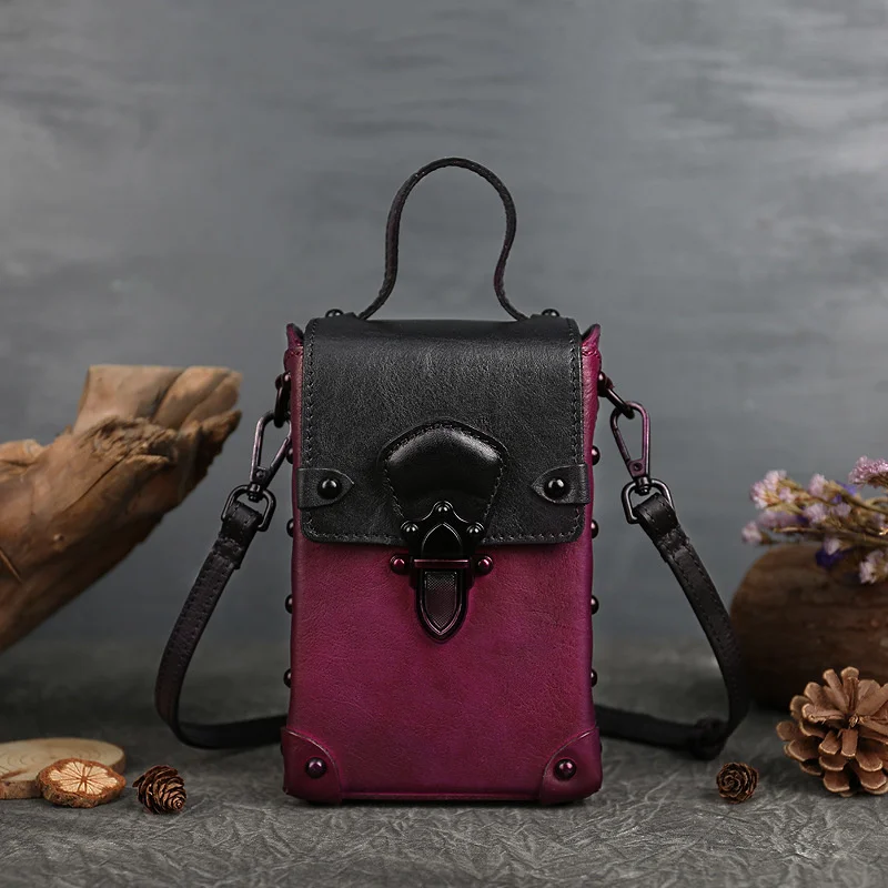 

New mobile phone bag box lock small bag vegetable tanned cowhide messenger bag 2021 new color contrast shoulder bag
