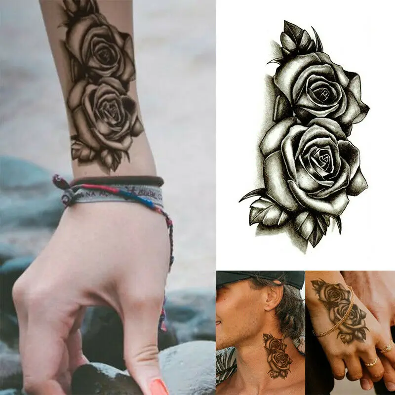 Temporary Tattoo Sticker Fashion Waterproof Black Double Rose Flowers Tattoos Fake Body Art Water Transfer | Красота и здоровье