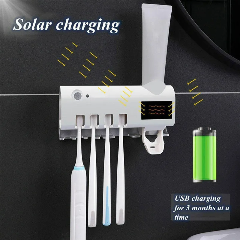 

UV Toothbrush Disinfectant Cleaning Solar Energy Agent Storage Cleaning Wall Mount Toothpaste Dispenser Holder UV Toothbrush