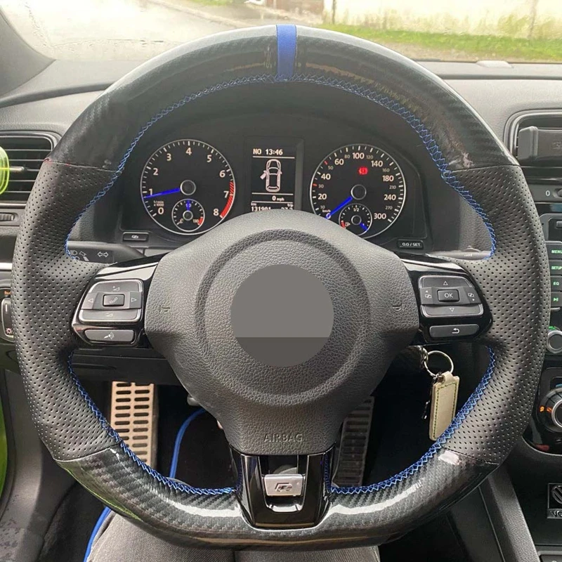 

Car Steering Wheel Cover Hand-Stitched Black Genuine Leather Carbon Fiber For Volkswagen Golf 6 GTI MK6 Scirocco R