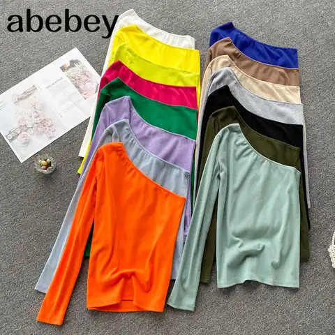 Women Fashion Korean Blouse Design Diagonal-Collar Long Sleeve Slim Tops Summer Sexy Off Shoulder Streetwear Blouses