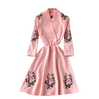spring office ladies elegant embroidery flower dress women v neck long sleeve pink midi dresses