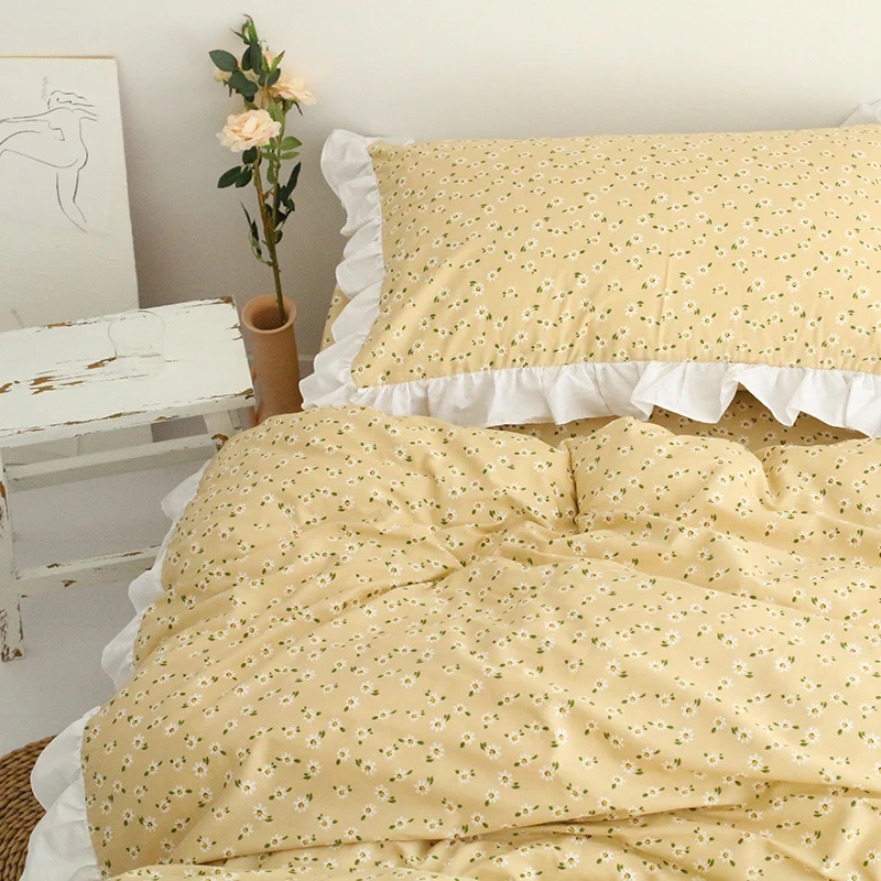 

Cotton bedding set yellow lace large double bed gentle lovely girl room decoration duvet cover sheet set fitted sheet