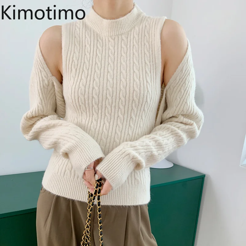 

Kimotimo Women Two Piece Sets 2021 Autumn Korean Chic Vintage O-neck Sleeveless Knit Vest + Loose Long Sleeve Short Cardigan