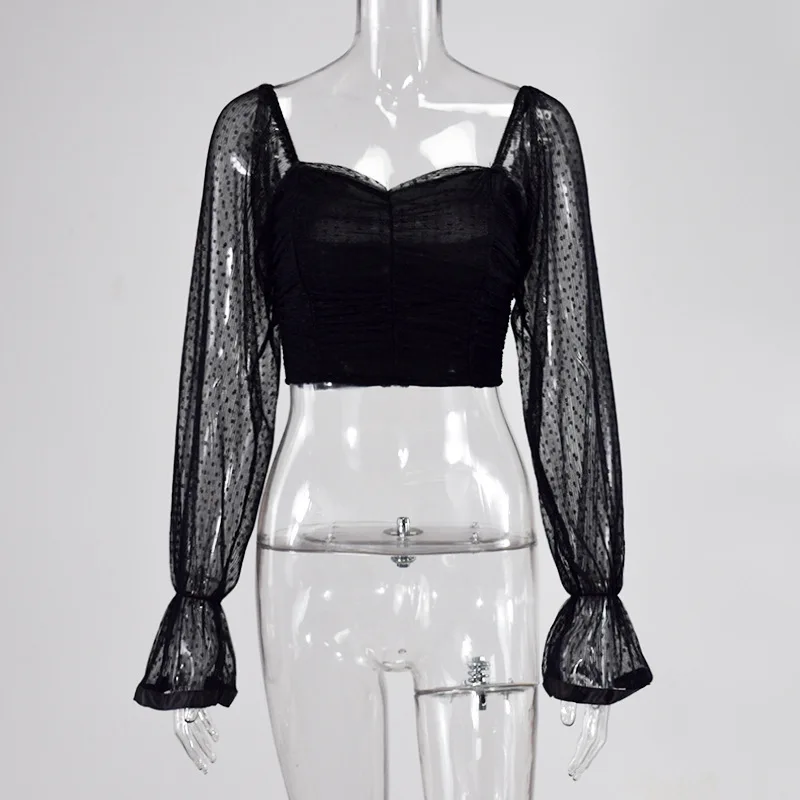 

Women Blouse Mesh Summer Clothes Long Puff sleeve see-through perspective sheer lace Casual Backless Beach Blusas Shirt Female