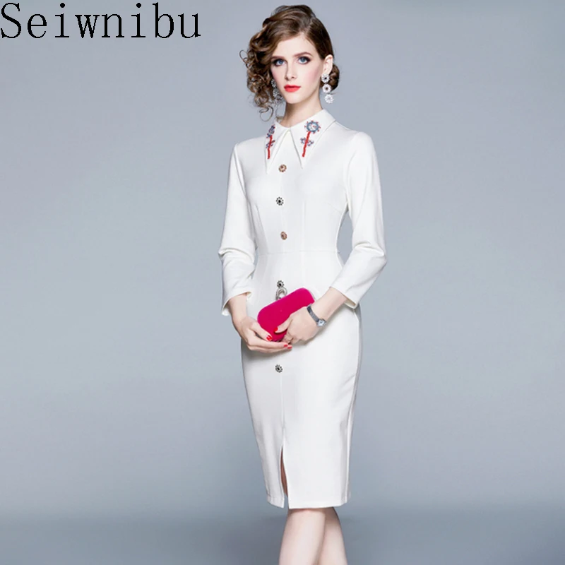 Белое темно синее элегантное платье 2019 Весенняя мода вышивка бисером старинный