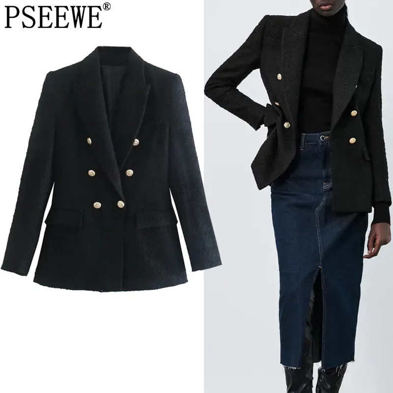 

Пиджак PSEEWE Za женский, текстурированный черный блейзер, двубортный твидовый пиджак, осень 2021, офисный элегантный пиджак с длинным рукавом