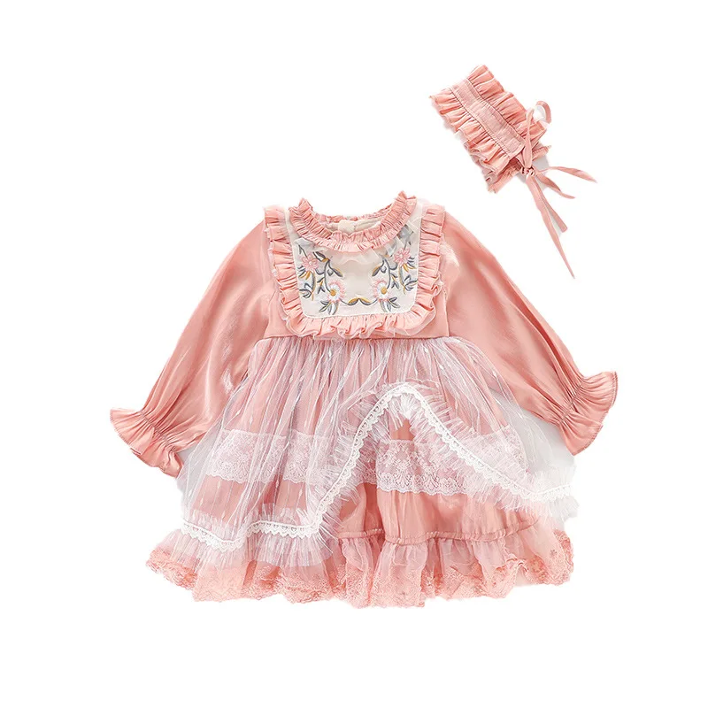 

Pink New Lolita Princess Dress Pearl Tulle Puffy Yarn Costume Long Sleeve Western Style Birthday Party Clothing For Baby Girl