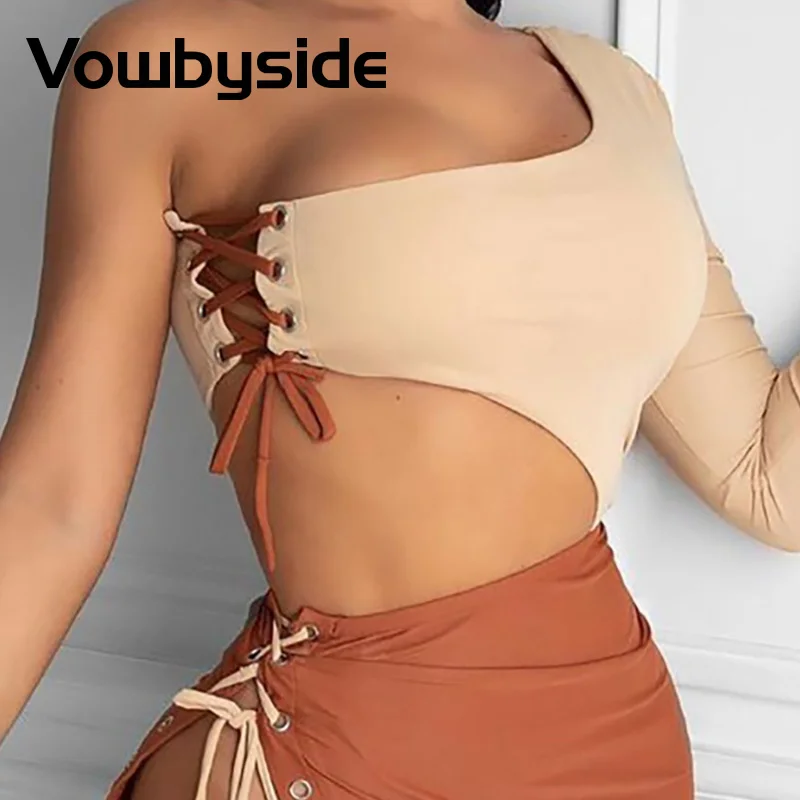 

One Shoulder Eyelet Lace-up Colorblock Slit Bodycon Dress Women Summer Dress