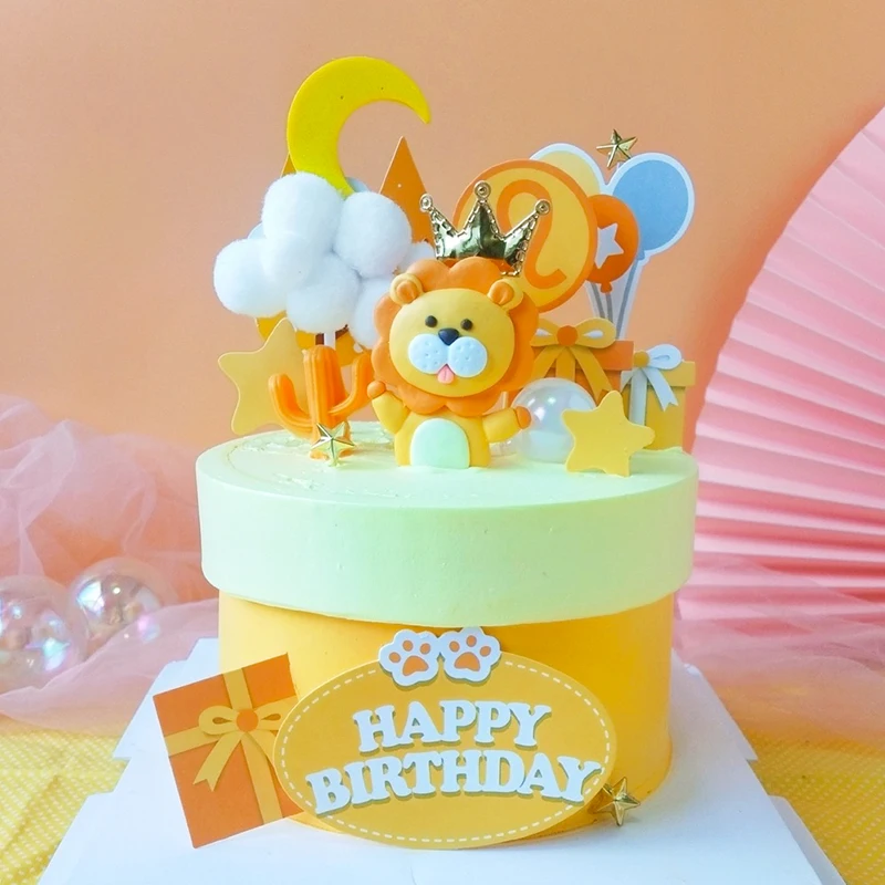 

Leo Baking Cake Topper Cartoon Party Hat Lion Soft Pottery Decor Star Balloon Baby Birthday Decorating Toy Dessert Supplies