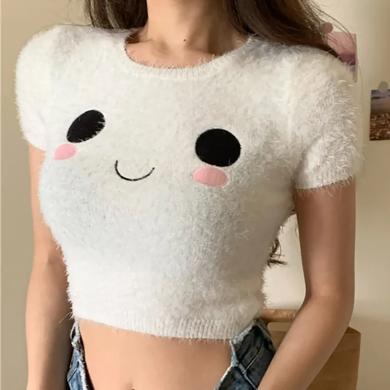 

Женские топы с коротким рукавом, хлопковые, с круглым вырезом и мультяшным принтом, белые, в Корейском стиле, S529, лето, выражение улыбающегос...