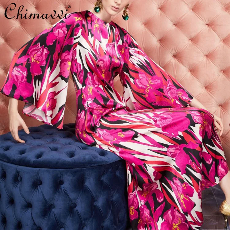 

2021 Early Autumn Women's Floral Print Fashion Mid-calf Dress Ladies Round Neck Flared Sleeves A-line Beach Style Holiday Dress