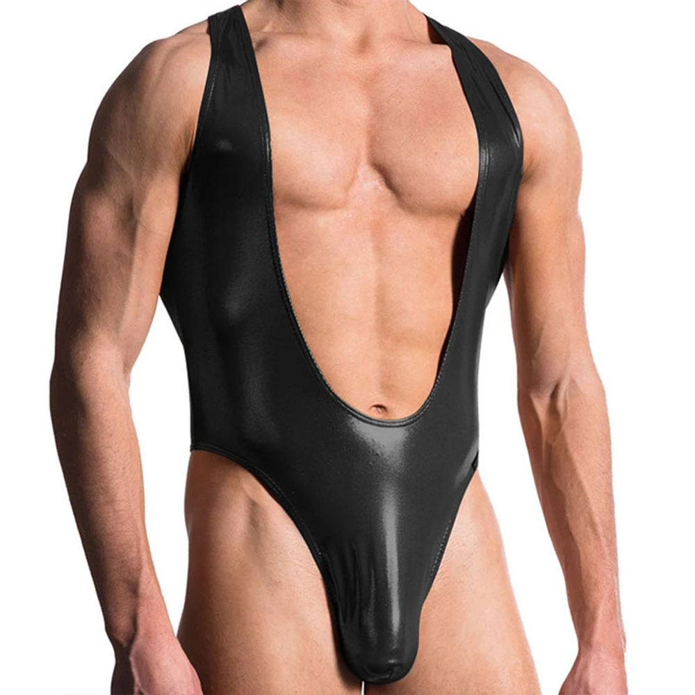 

Sexy Men Faux Leather Black Funny Bodysuit Gay Sissy Club Wear Fitness Bodysuits