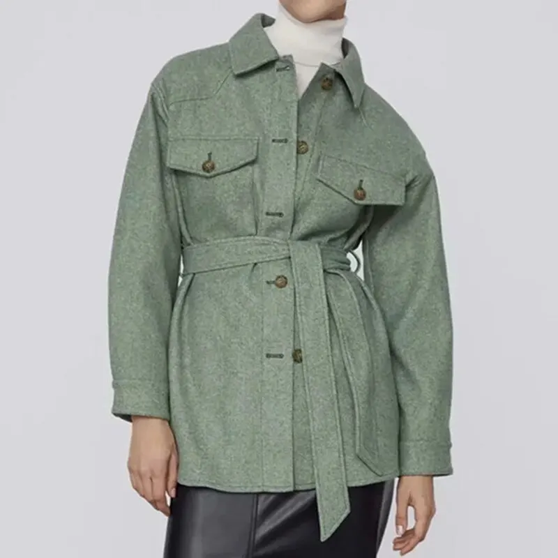 

Vintage Long Sleeve Side Pockets Female Outerwear Chic Overcoat 2021 New Women Fashion Coat with Belt Loose Woolen Solid Jackets
