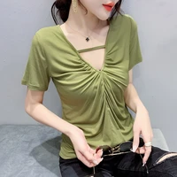 2021fashion new women solid color v neck t shirt sexy elegant summer short sleeve t shirt plus size tops t shirts