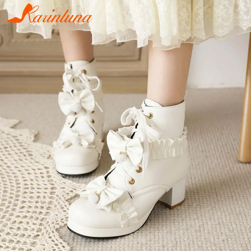 

Женские ботильоны с бантом Karinluna, однотонные ботильоны на платформе и квадратном каблуке, со шнуровкой, с круглым носком и перекрестной шнур...