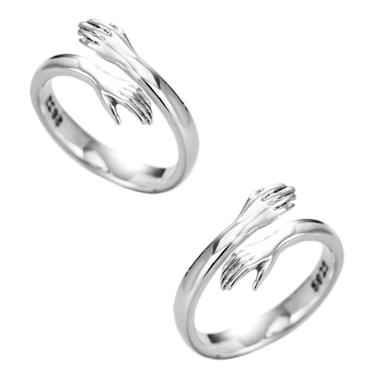 

2Pack Hugging Hands Rings for Couple Lovers Silver Adjustable Hug Rings Love Rings for Girlfriend Women Girls