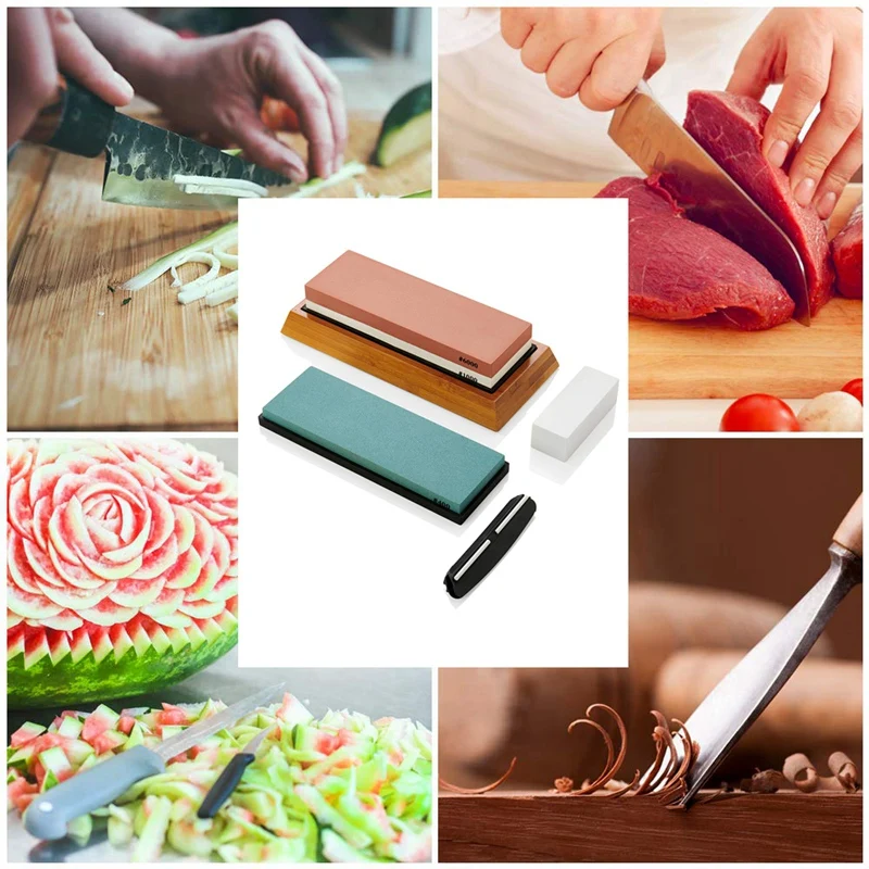 

Whetstone Sharpening Stone Set - 400 1000 6000 Whetstones, Non-Slip Bamboo Base, Silicon Holder, Angle Guide and Fixing Stone