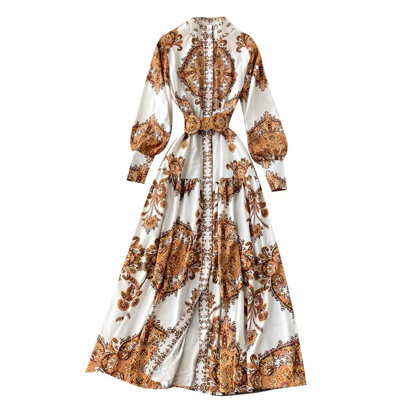 

Court dress 2020 new autumn blue and white porcelain print temperament stand collar slim long dress