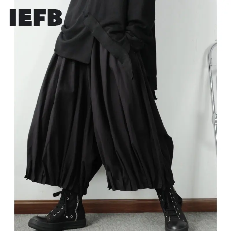 

IEFB /men's wear 2021 Autumn new black wide leg pants for couple elastic waist causal big trousers for male 9Y3520