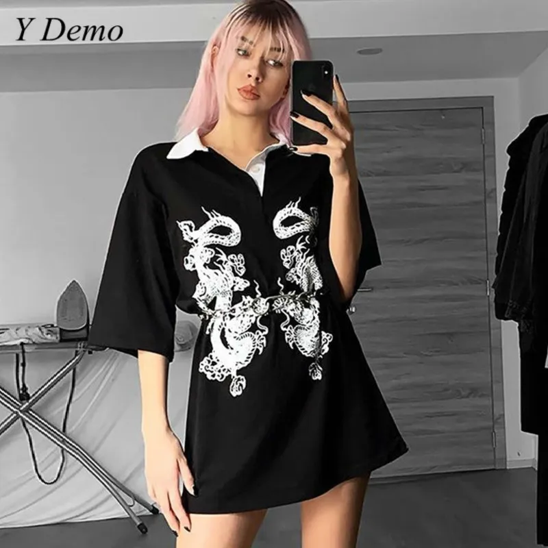 Женская футболка с принтом дракона Повседневная летняя отложным воротником и