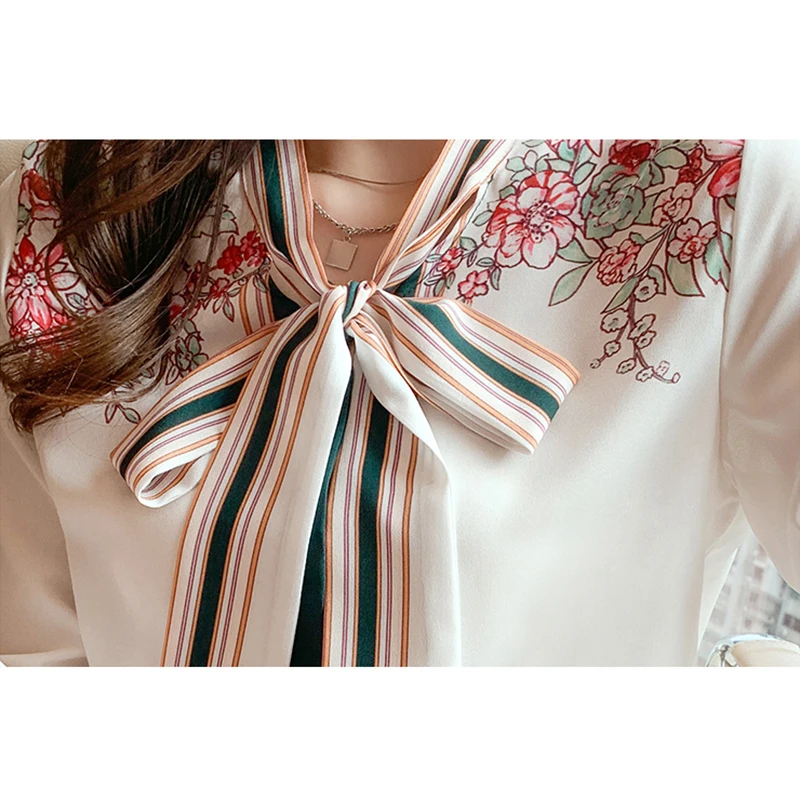 

Spring Women's Korean Floral Chiffon Shirts Long Sleeve V Neck With Bow Office Loose Elegant Single Breasted Lady Tops T13420X
