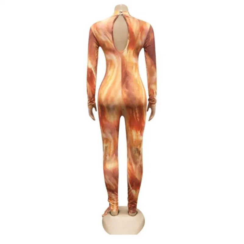 

Tie Dye Print Women Long Sleeve Hollow Out Bandage Jumpsuit Sexy Slim Bodycon Club Activity Romper