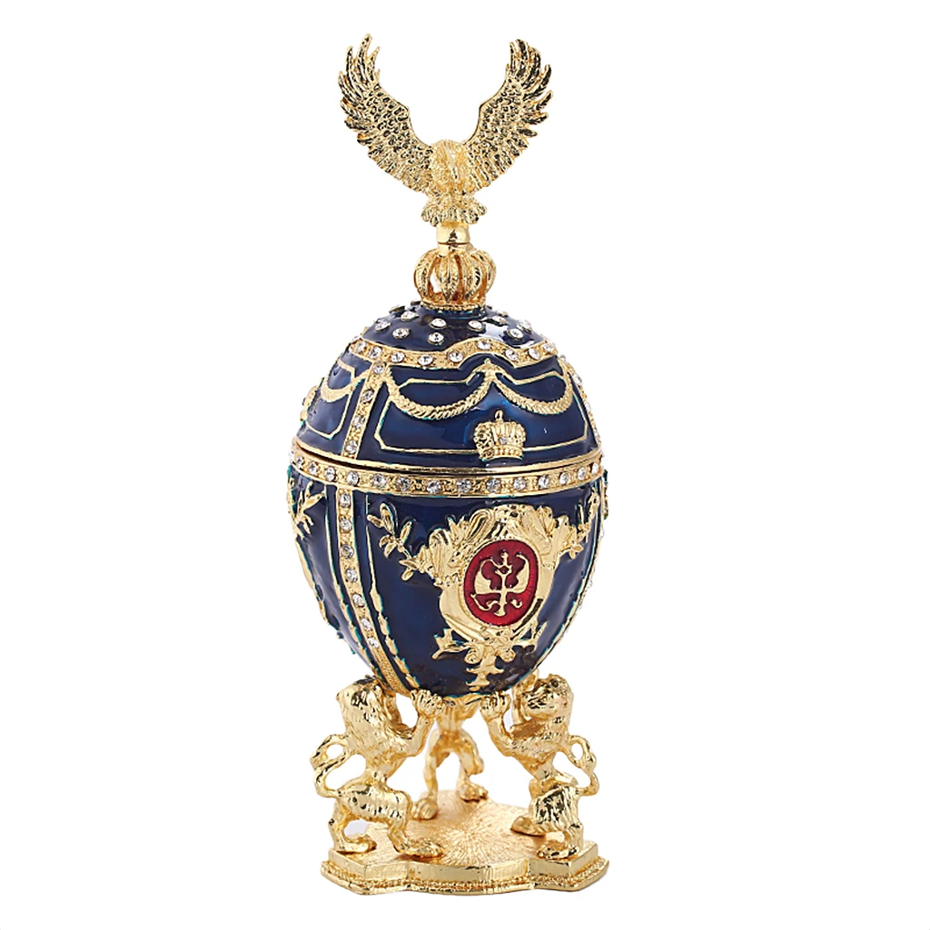 Luxury Faberge Easter Eggs Elegant Blue Oil Enamel Trinket Jewelry Box Holder With Rhinestone Collectible Figurines Gifts
