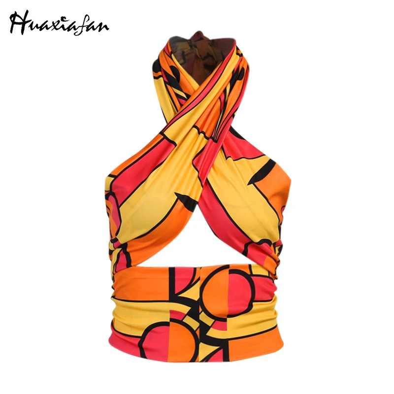 

Huaxiafan Colorful Print Crop Top Women Hollow Out Bandage Summer Sexy Party Backless Y2K Tank Tops Female 2021 Fashion Clothing