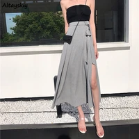 skirts womens summer solid bow side slit mid calf sexy lady high waist lacing up casual loose elegant feminine chic comfy 2020