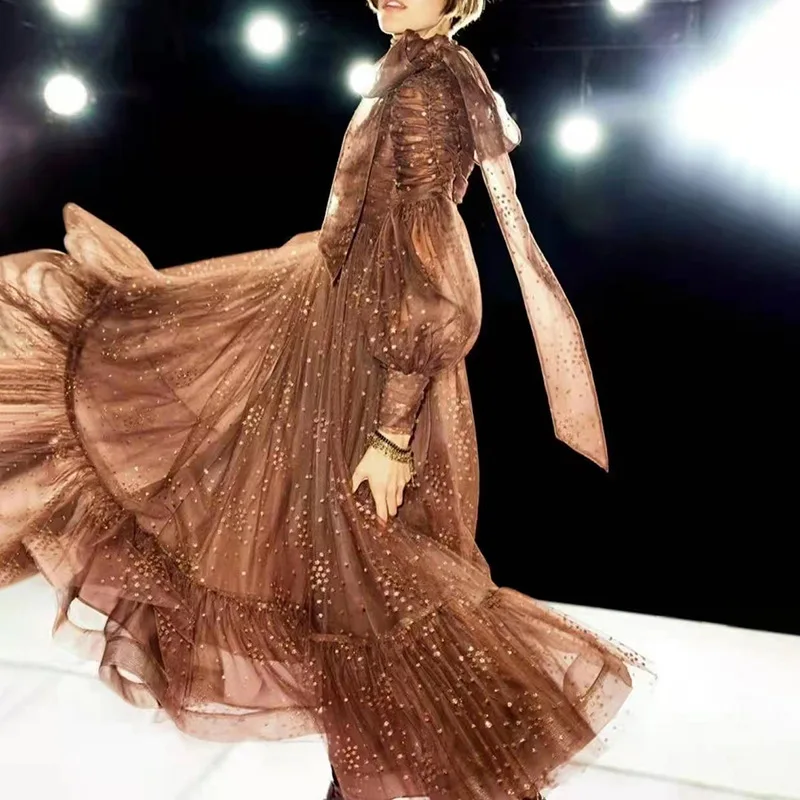 

Elegant Fairy Gauze Dress 2021 Autumn New Crimp Bow Drawstring Patchwork XINGX Printing and Dyeing Long Dress