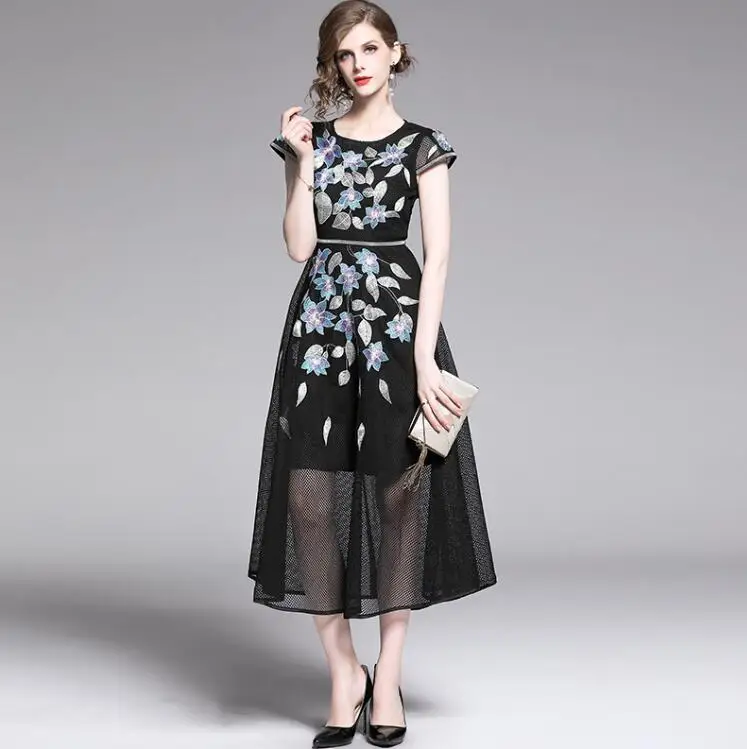 

Women's spring summer flower embroidery lace dress female runway fashion high waist A-line medium long mesh dress TB719